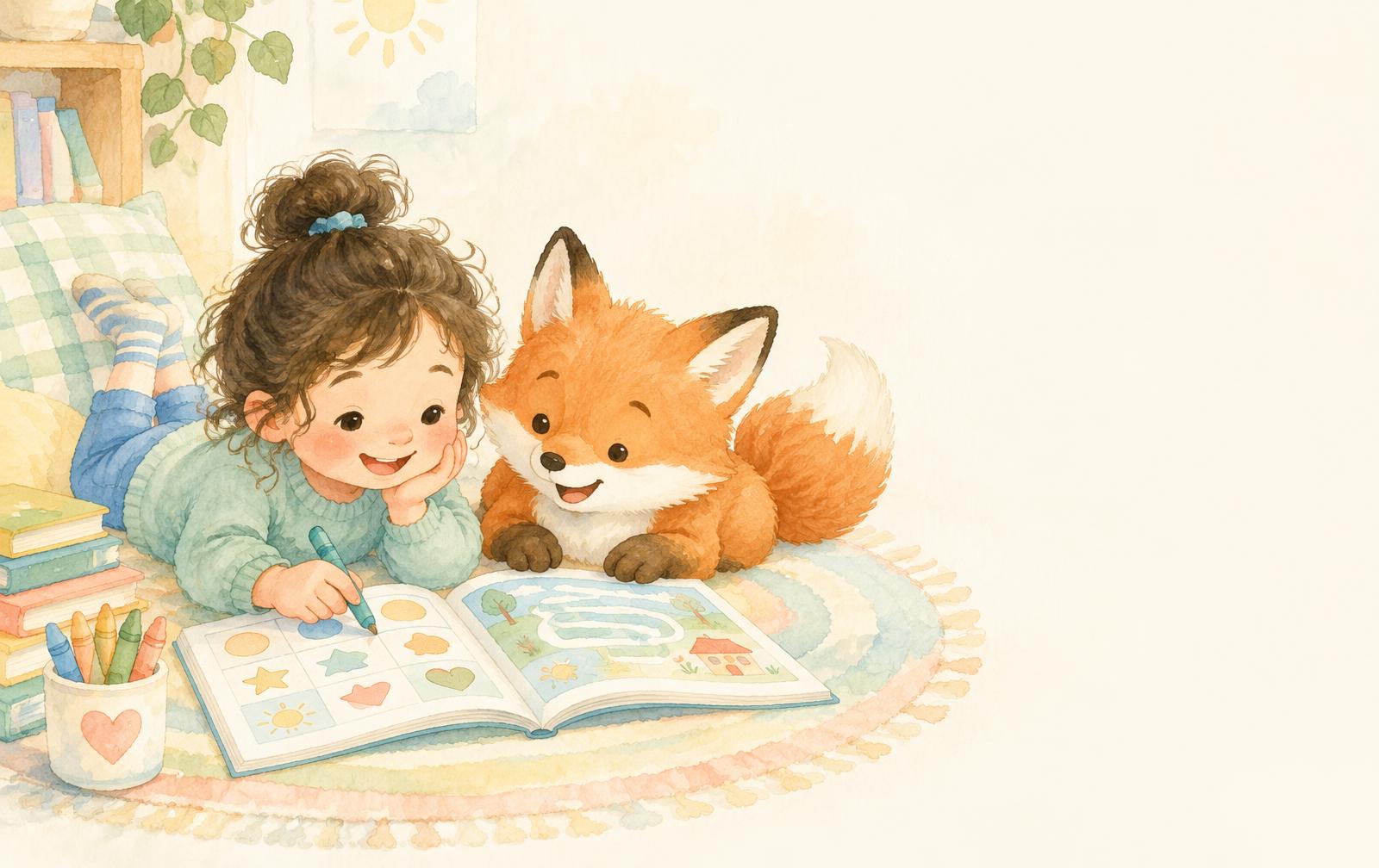 Criança fazendo atividades em um caderno ao lado de uma raposa